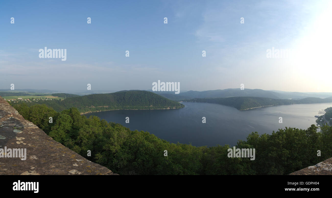 Panoramic view over the Edersee in Northern Hesse, Germany, looking from castle Waldeck. Stock Photo