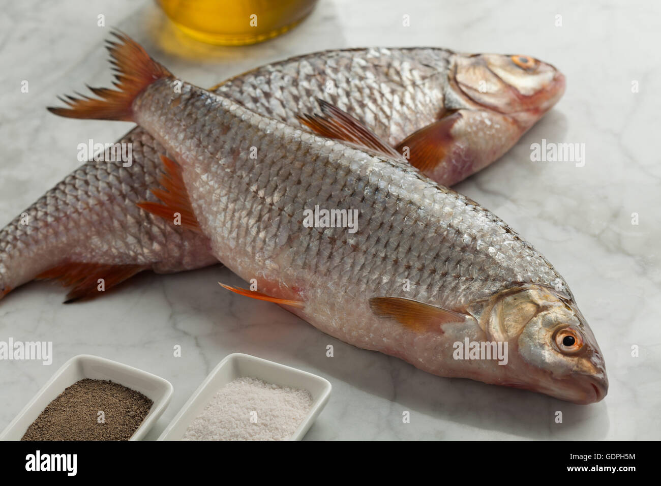 Fresh raw common roach fishes Stock Photo
