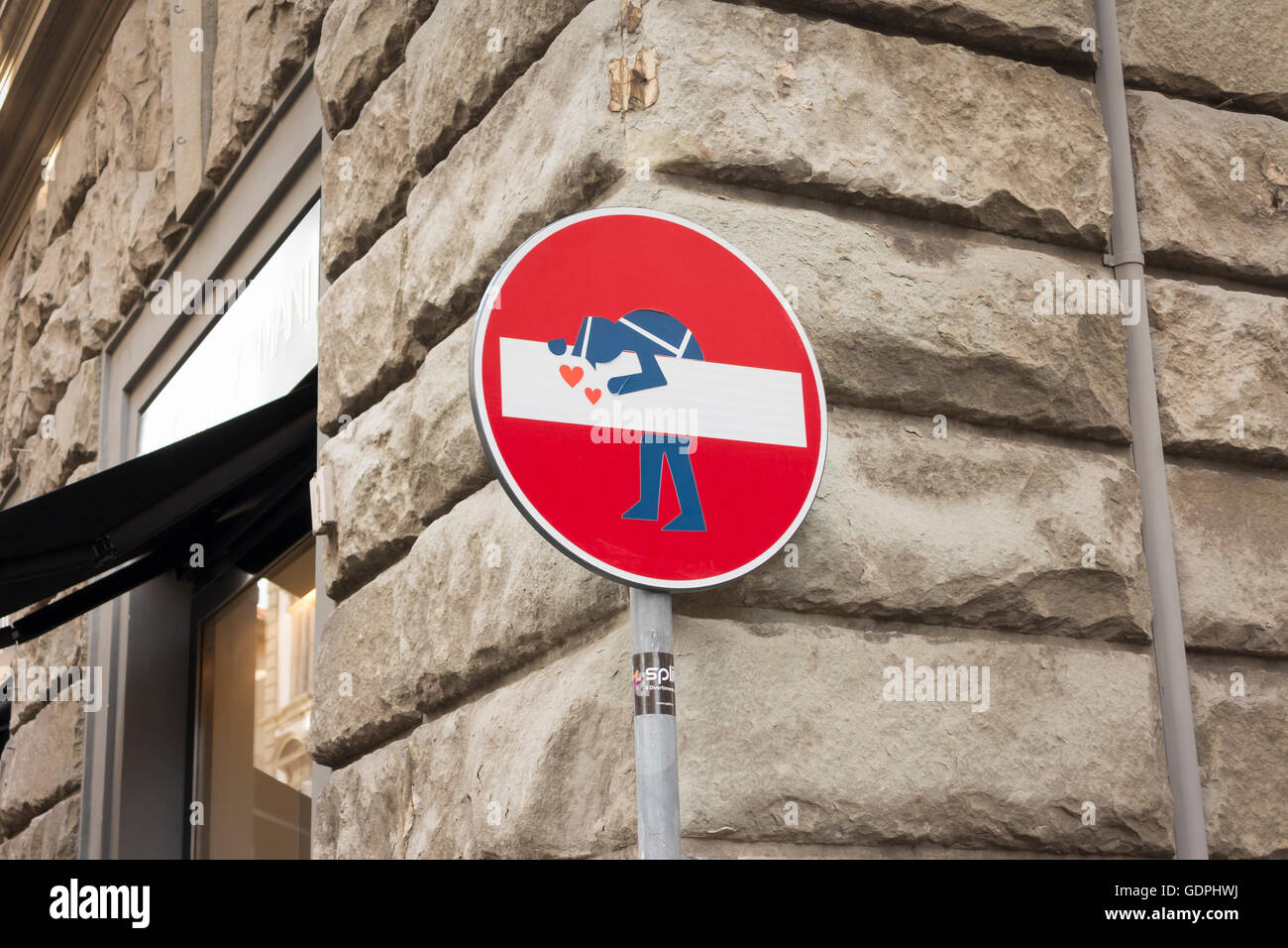 Funny road sign in Florence, Italy Stock Photo