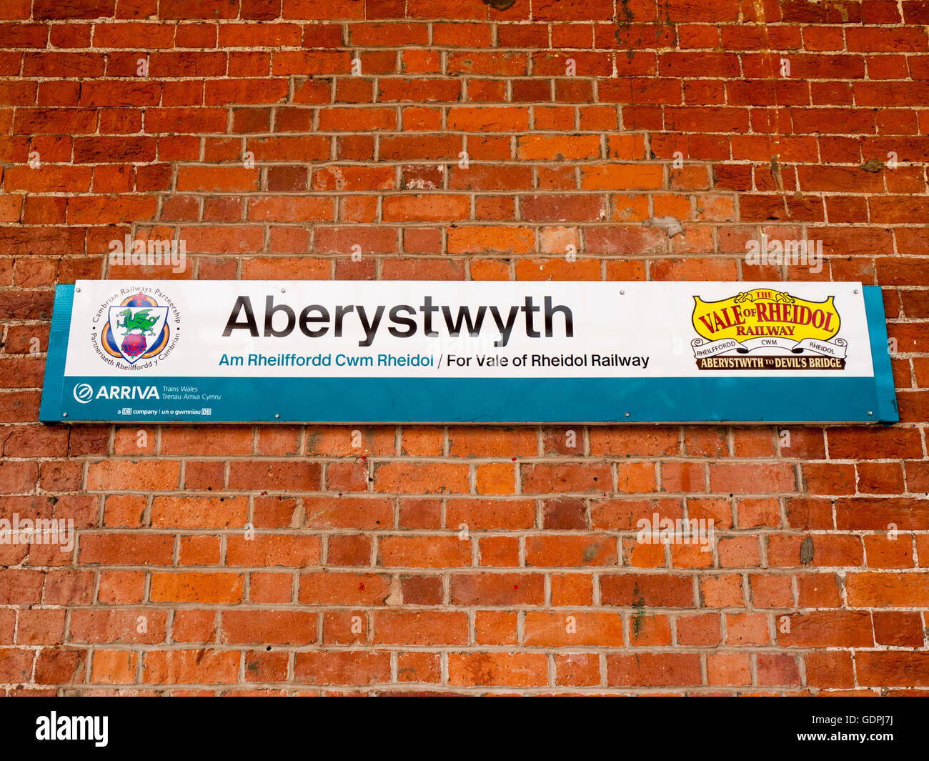 Vale of Rheidel railway sign in Aberystwyth train station, Ceredigion Wales UK Stock Photo