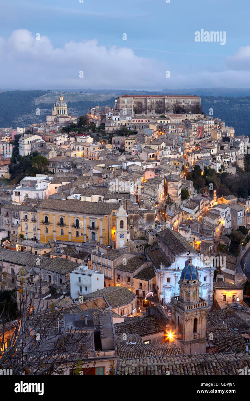 Cityscape of Ragusa Ibla at dusk, Sicily, Italy Stock Photo