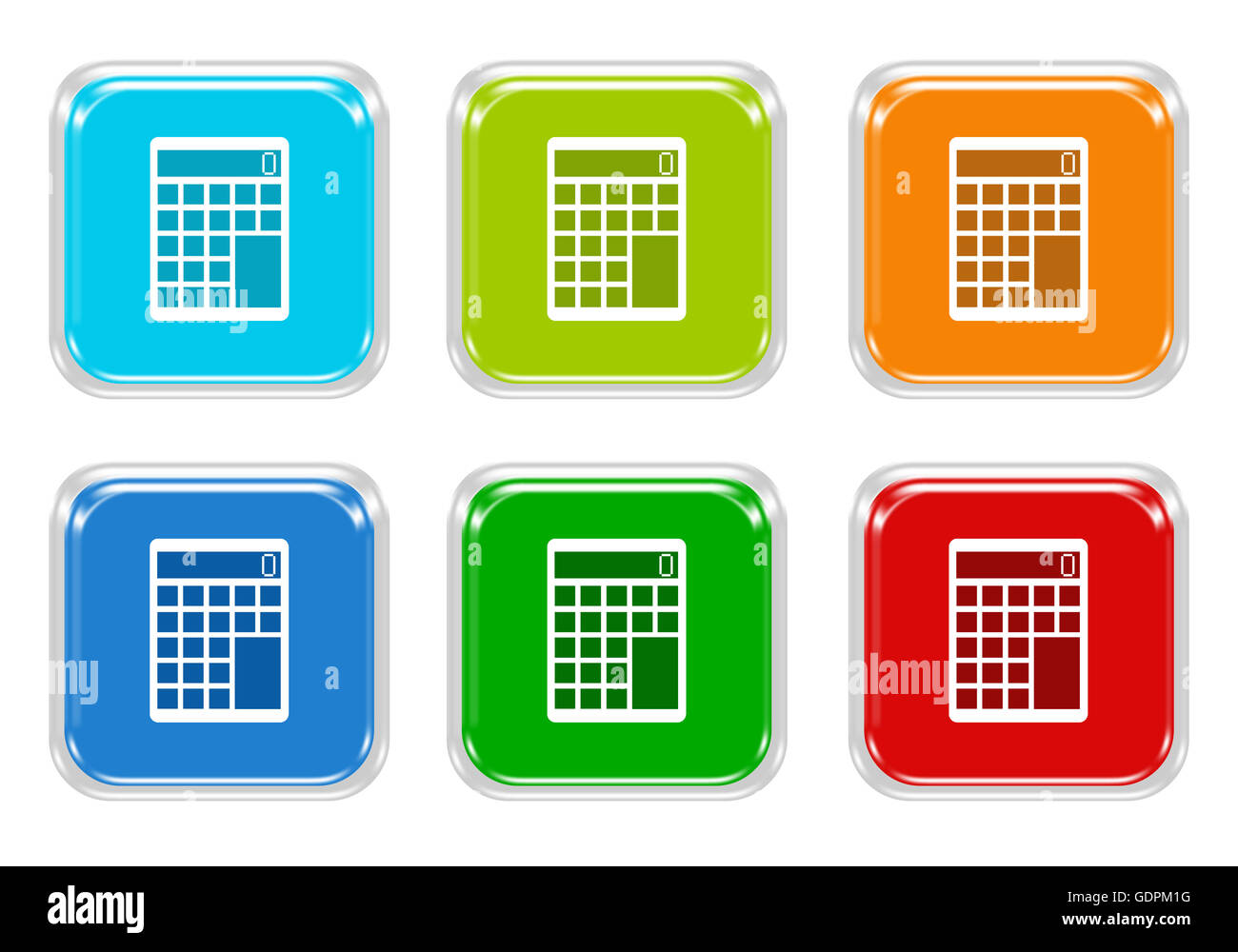 Set of squared colorful buttons with calculator symbol in blue, green