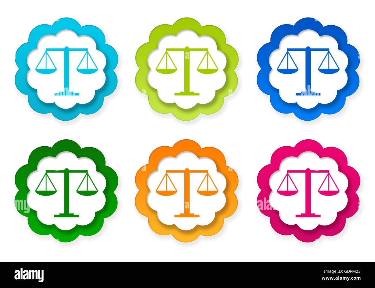 Set of colorful stickers icons with legal symbol in blue, green, pink