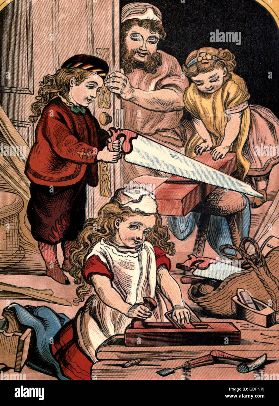 The Little Carpenters. Victorian era children playing carpenter Stock