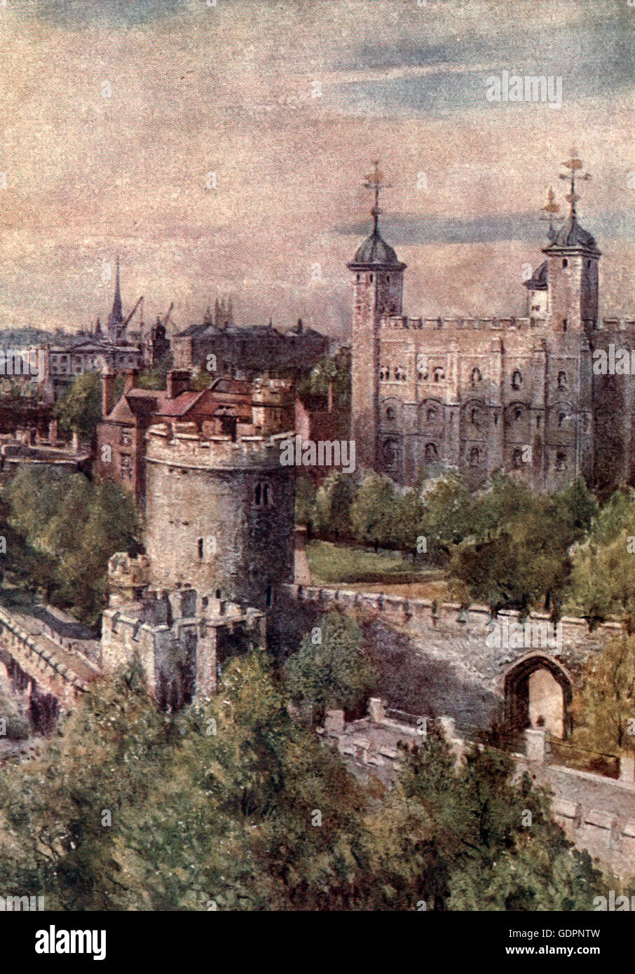 The White Tower (Keep), with the Lanthorn Tower in the foreground, from the Tower Bridge - Tower of London, circa 1908 Stock Photo