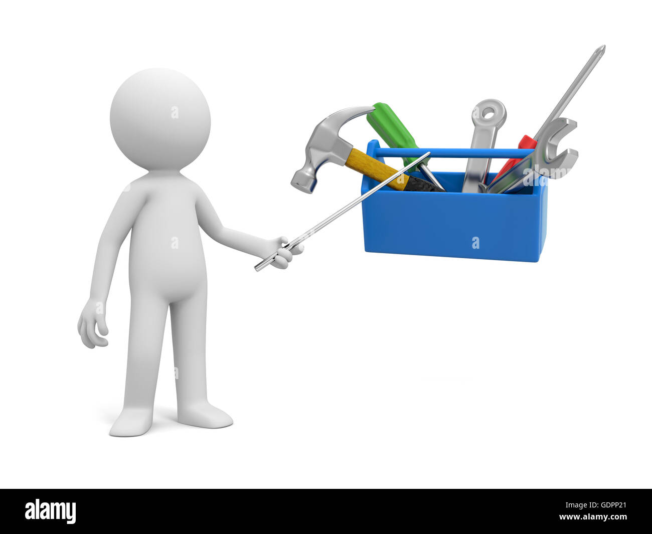 A 3d man pointing at the tools in the toolbox Stock Photo