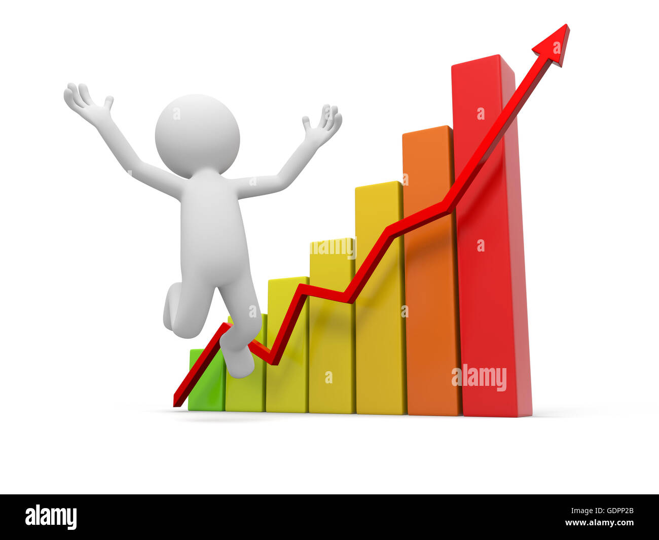 3d people with bar chart and red arrow Stock Photo