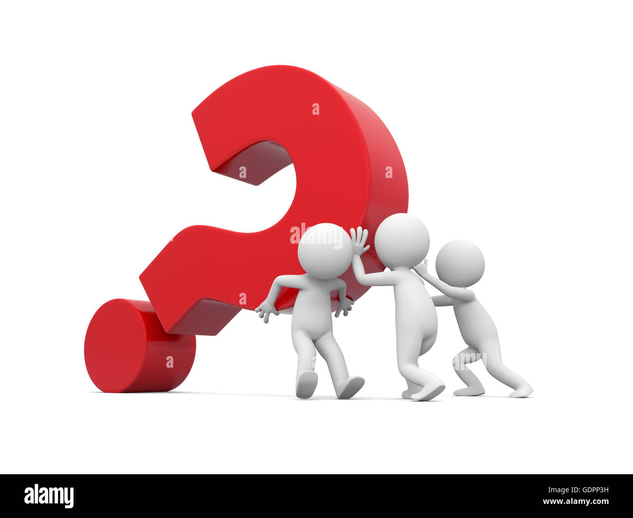 Three 3d men pushing red question mark Stock Photo
