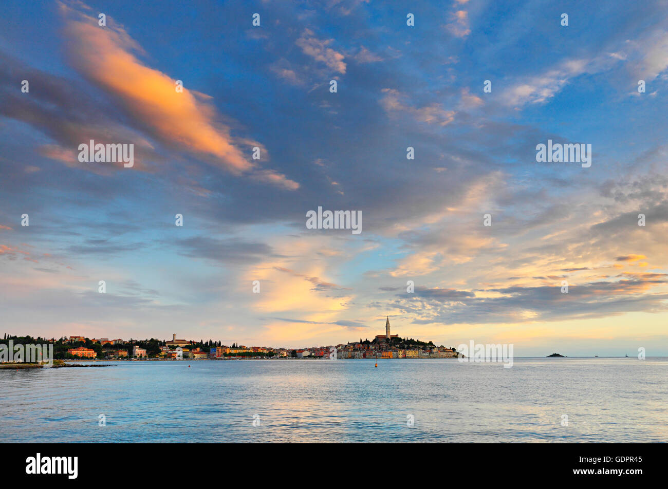 Landscape of Rovinj town at sunset Stock Photo
