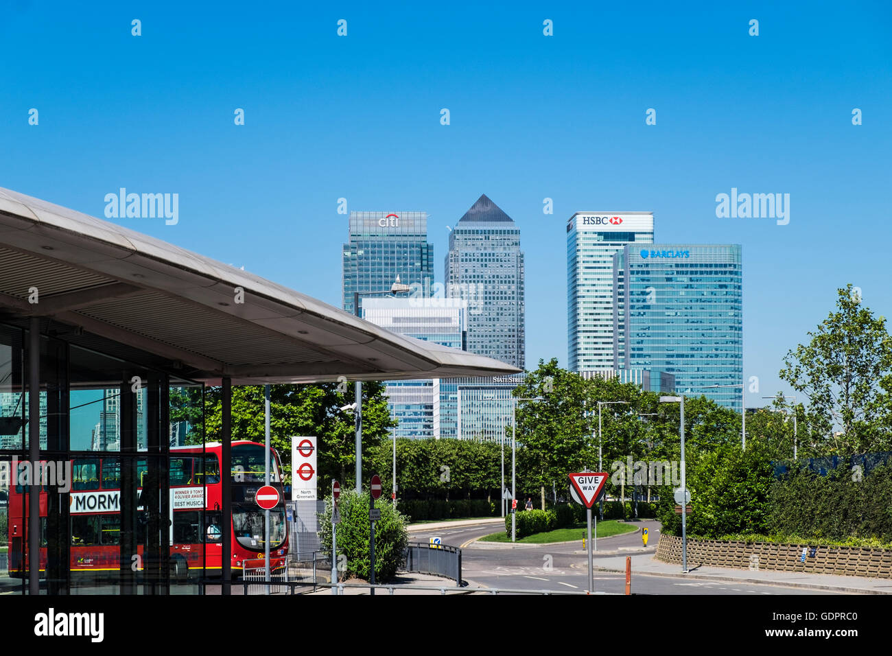 Canary Wharf skyline from North Greenwich, London, England, U.K. Stock Photo
