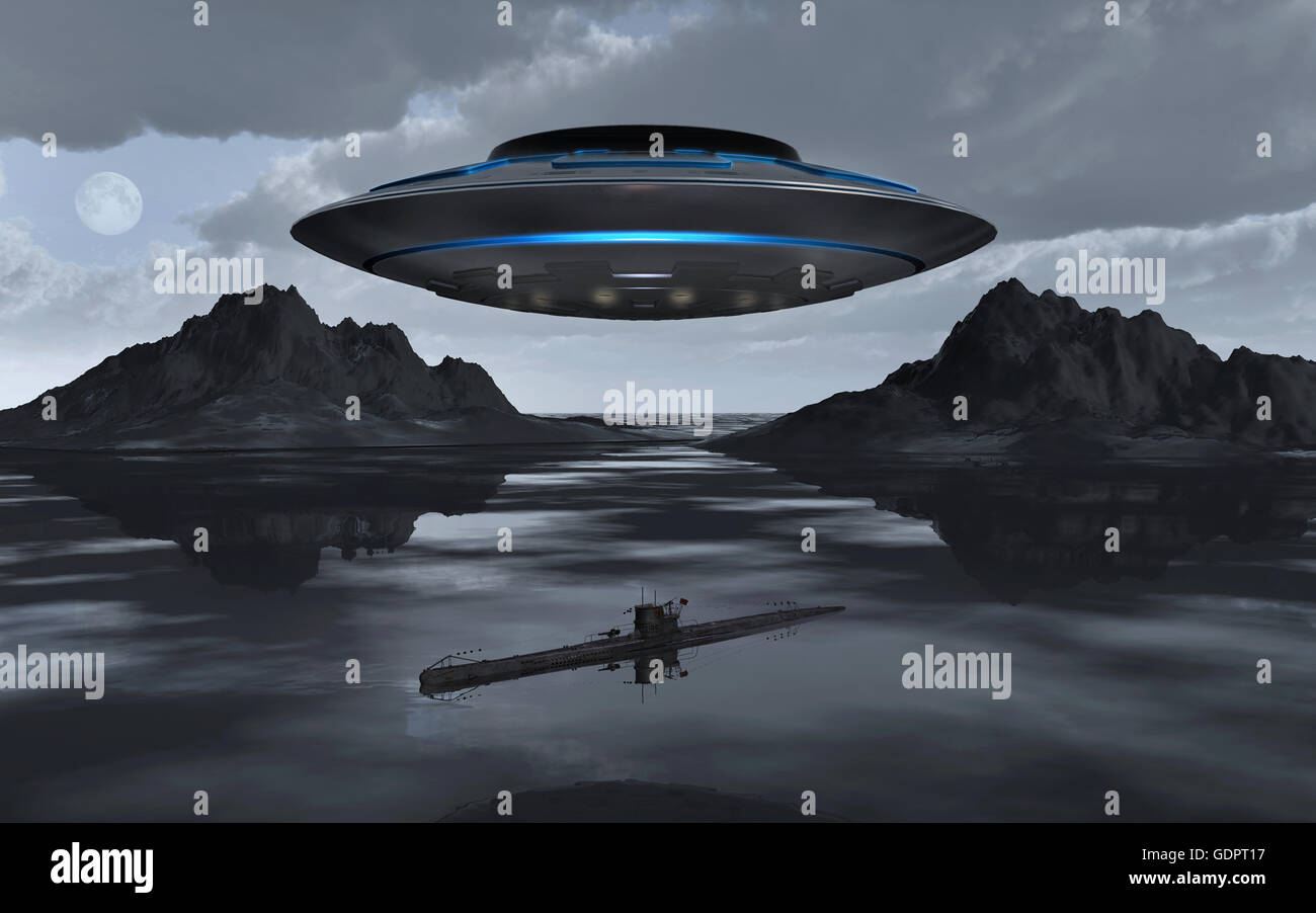 A German Nazi U Boat & A UFO Approaching The Hidden Top Secret Base Known As 211 . Located At The Antarctic. Stock Photo
