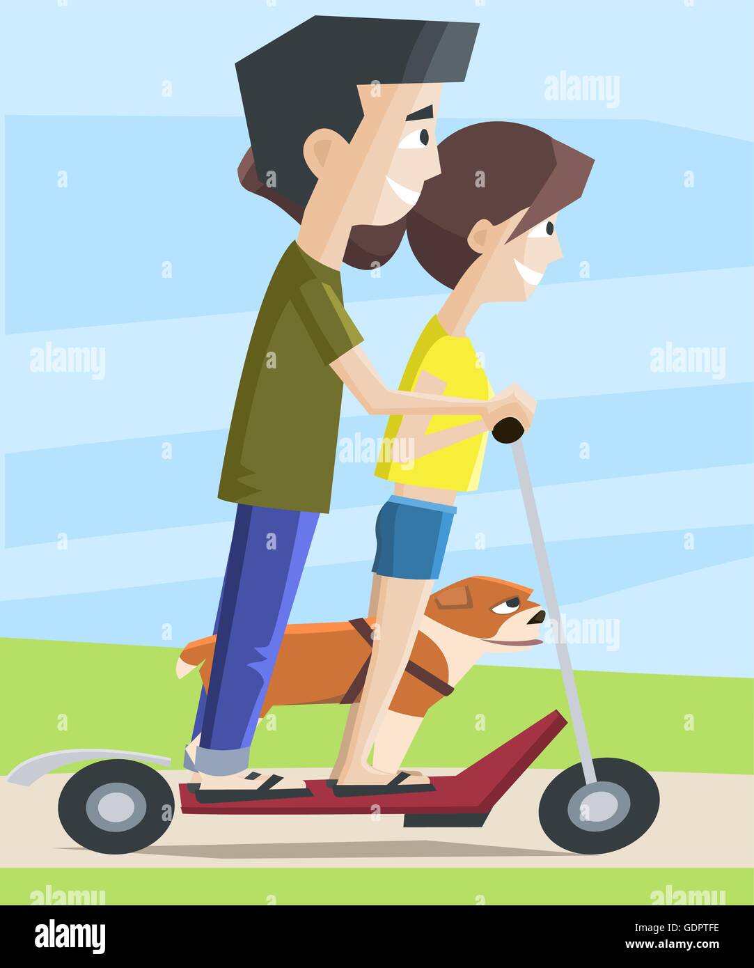 friends on electric scooter - funny colorful vector cartoon illustration Stock Vector