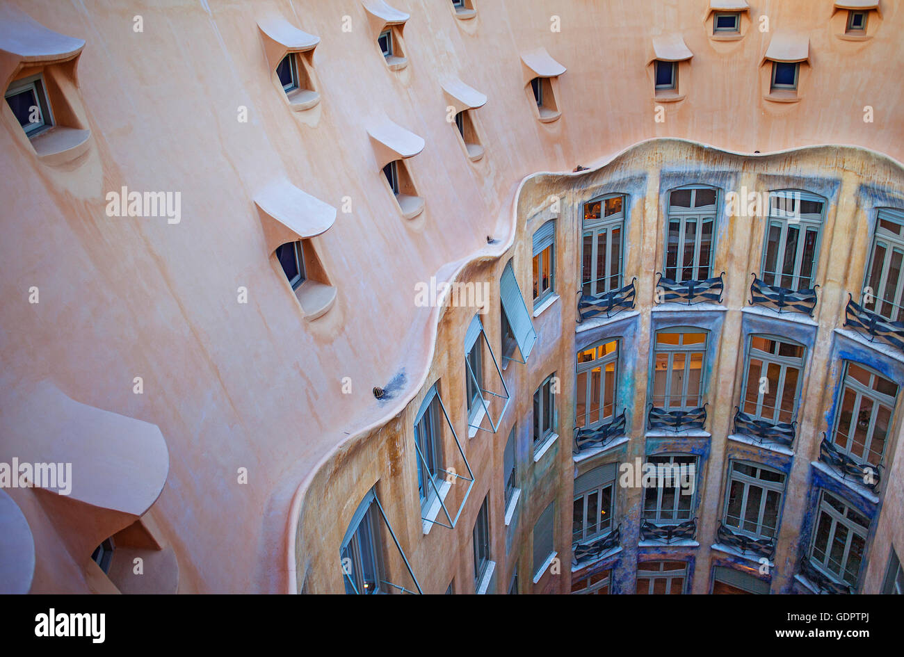 View of inner courtyard, Casa Mila, La Pedrera, Barcelona, Catalonia, Spain Stock Photo