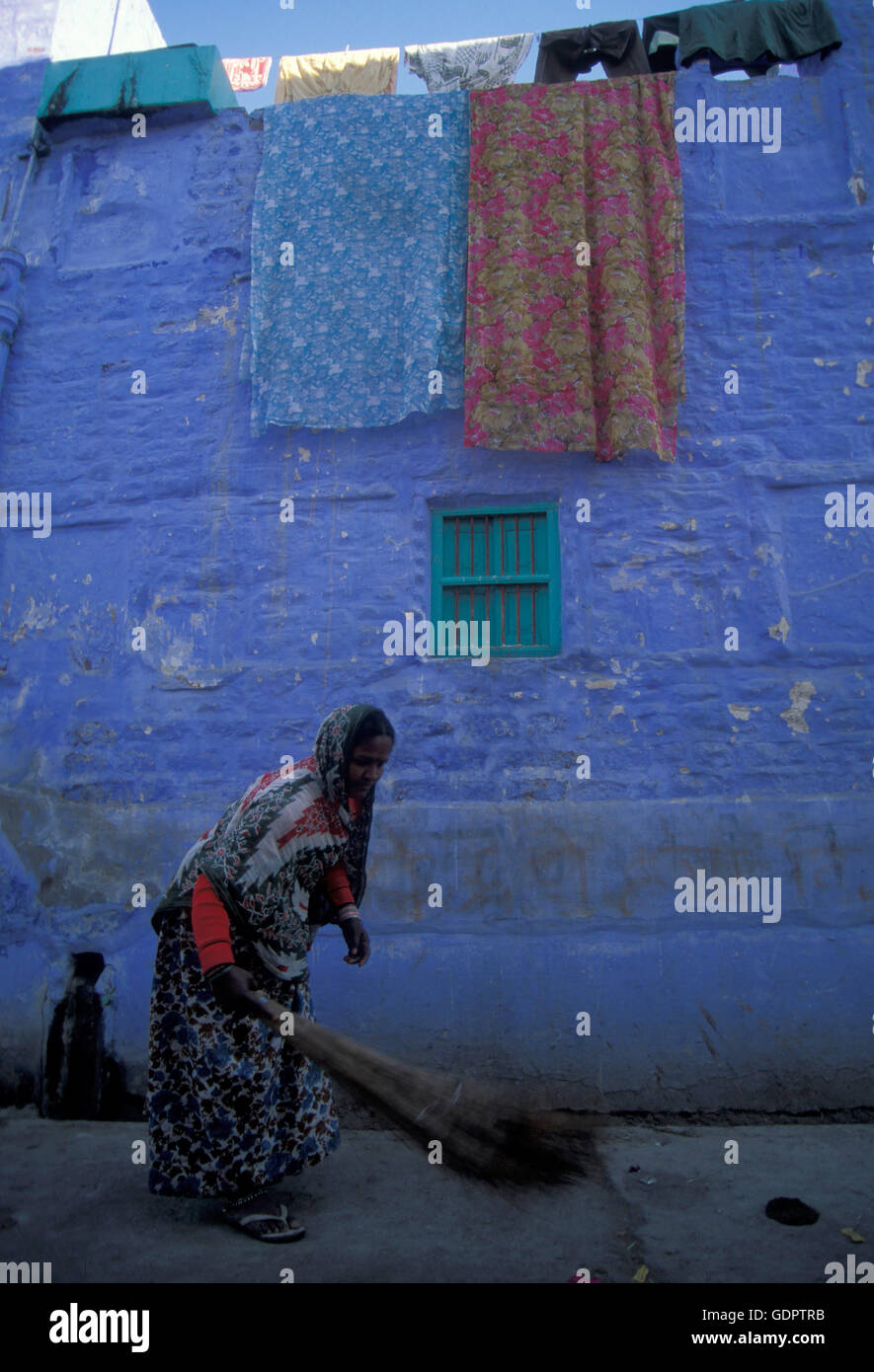 the blue city in the old town of Jodhpur in Rajasthan in India. Stock Photo