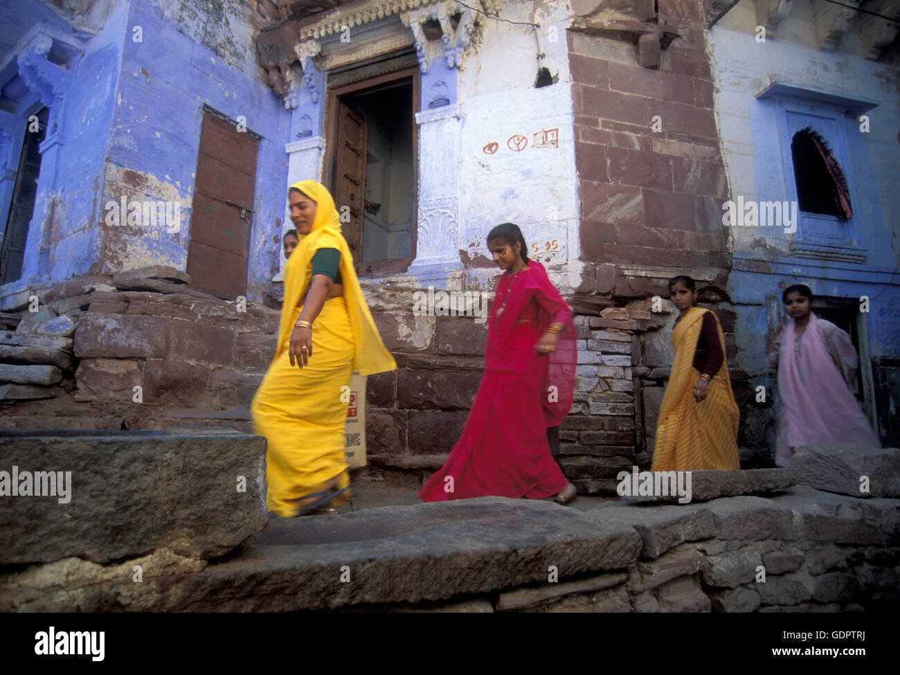 the blue city in the old town of Jodhpur in Rajasthan in India. Stock Photo