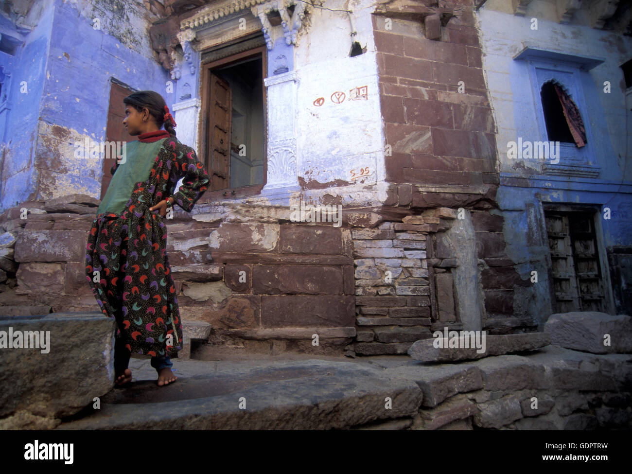the blue city in the old town of Jodhpur in Rajasthan in India Stock ...