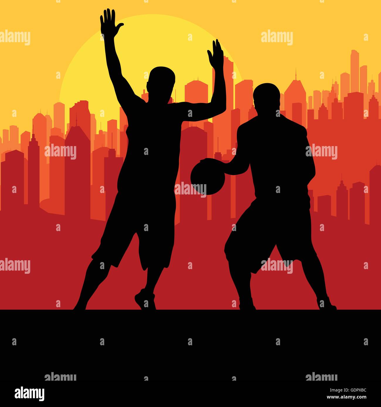 Basketball players in front of city sunset vector background concept Stock Vector
