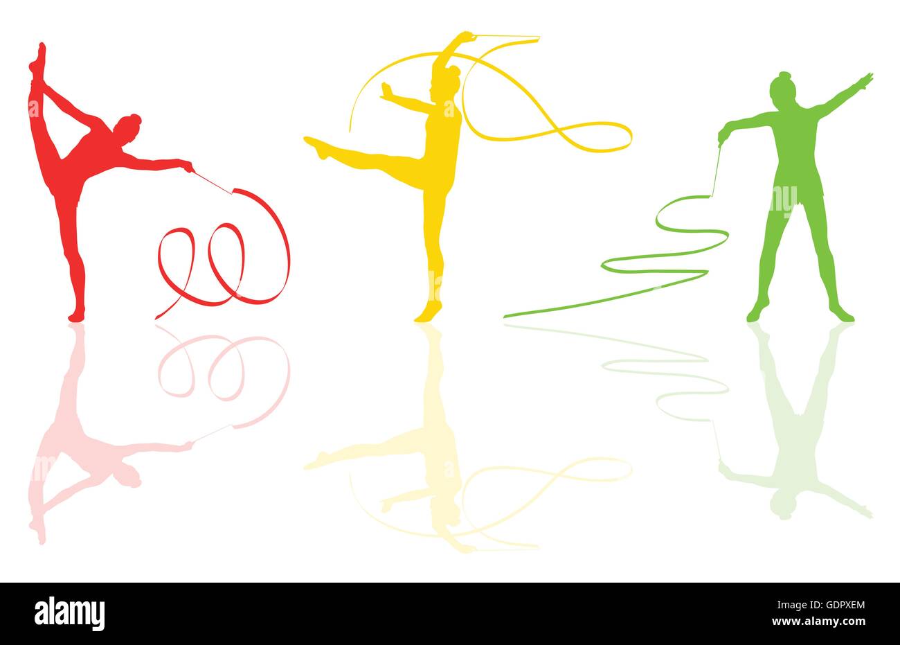 Young women doing calisthenics art gymnastics sport tricks with ribbon ...