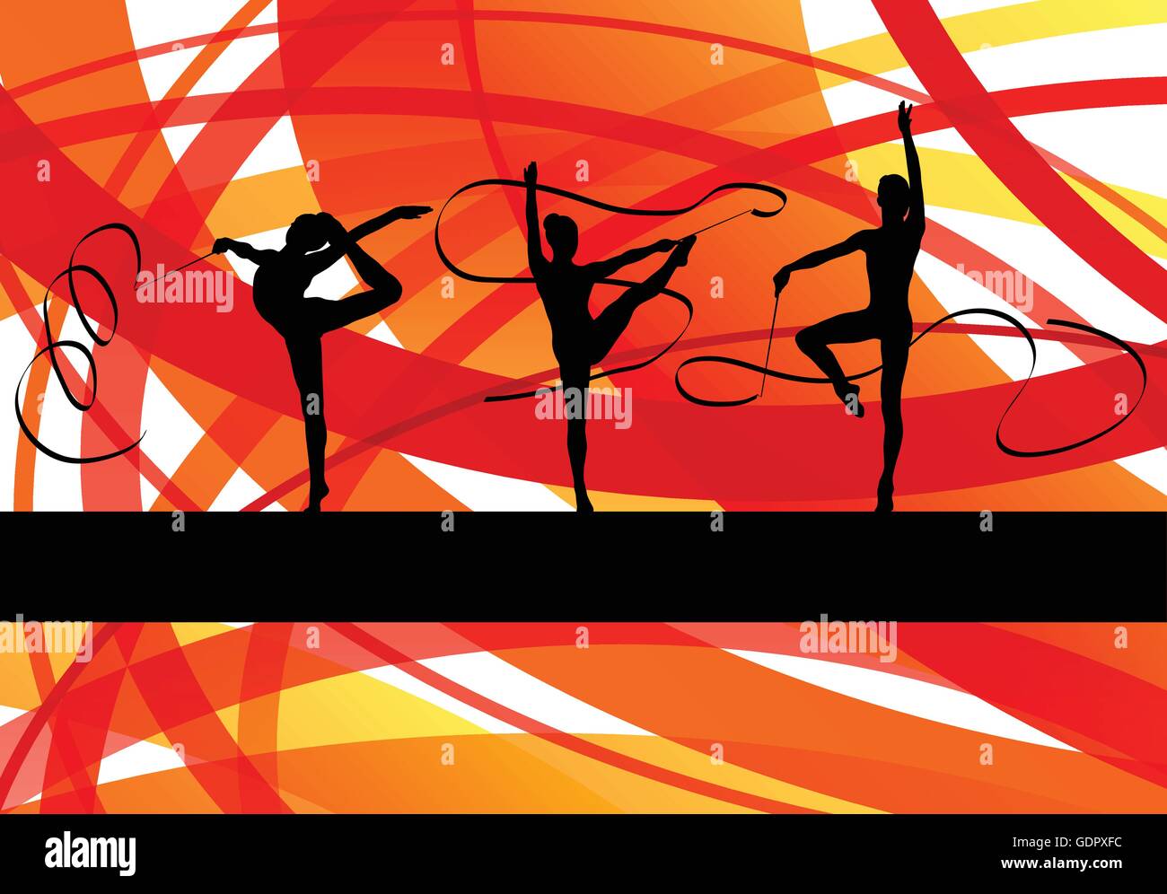 Young women doing calisthenics art gymnastics sport tricks with ribbon ...
