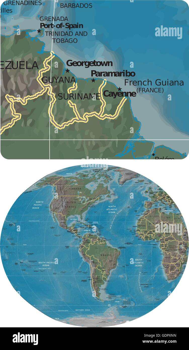 Former Guyanas Guyana Surinam French Guiana and Americas map Stock Vector