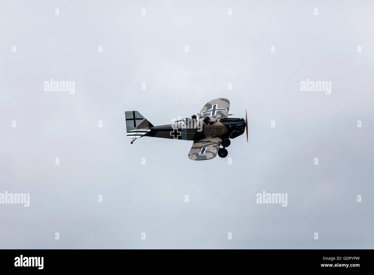 Replica of a German CLI Junker plane used in the air battles of the First World War with a pilot and rear gunner. Stock Photo