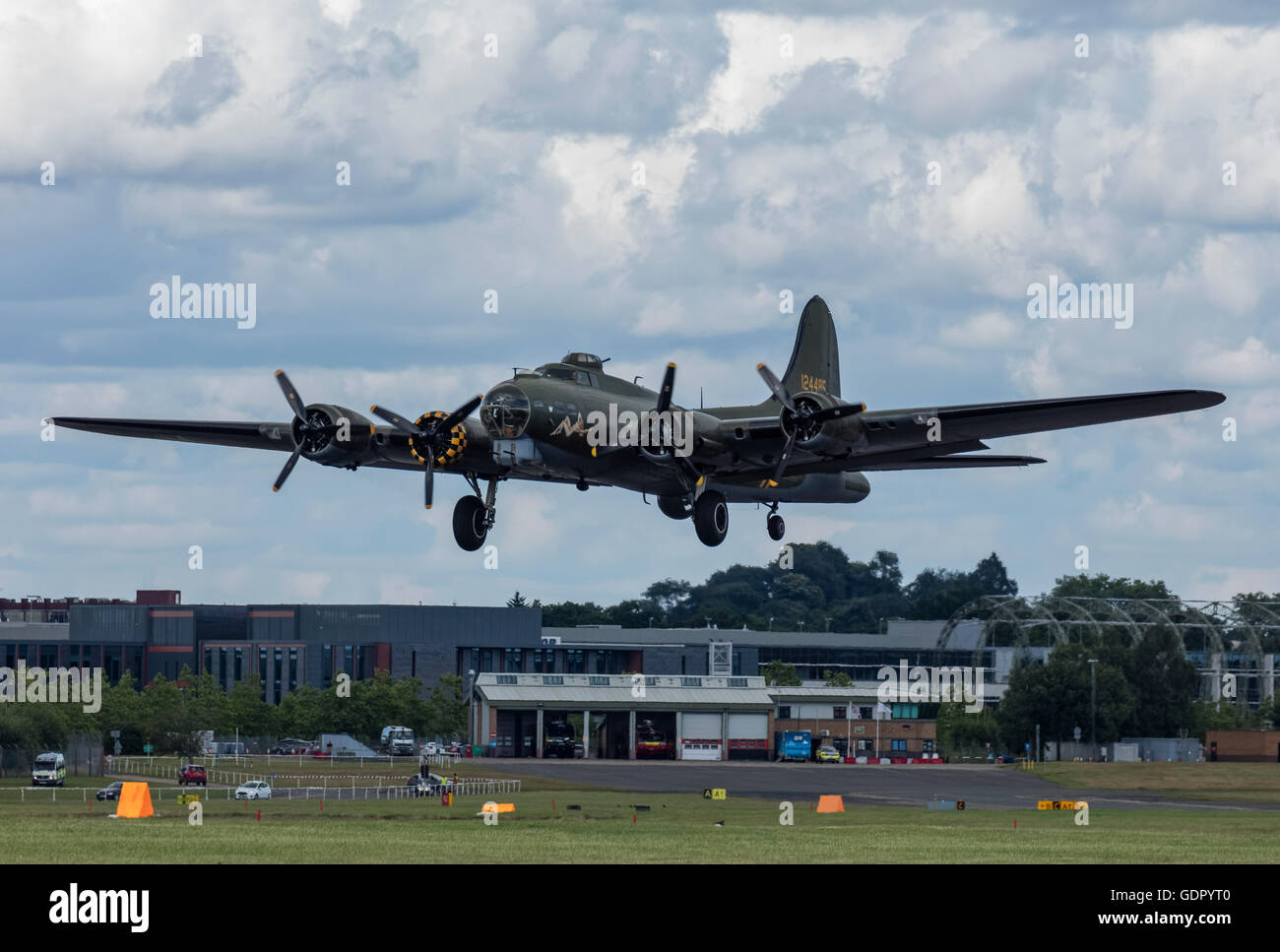 B-17G Flying Fortress Sally B bomber landing at Farnborough Airport in England. Stock Photo