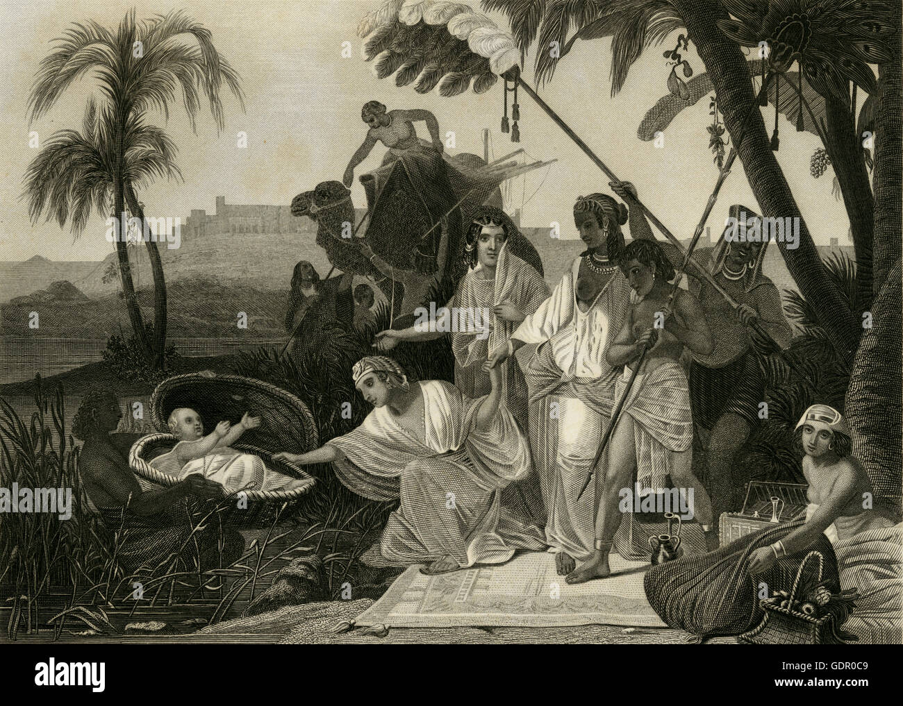Antique 1867 engraving, The Princess Finding Moses. SOURCE: ORIGINAL STEEL ENGRAVING. Stock Photo