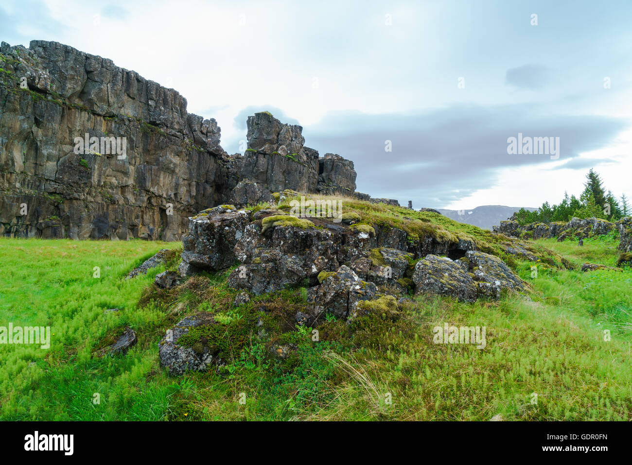 Summer Icelandic Landscape at Thingvellir National Park, Iceland. This picture shows the crest of the Mid-Atlantic Ridge Stock Photo