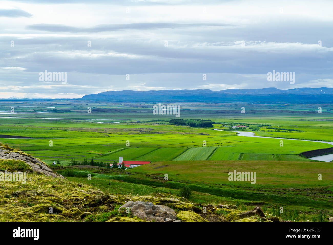 Small village with horses grazing in the green field at Iceland landscape Stock Photo