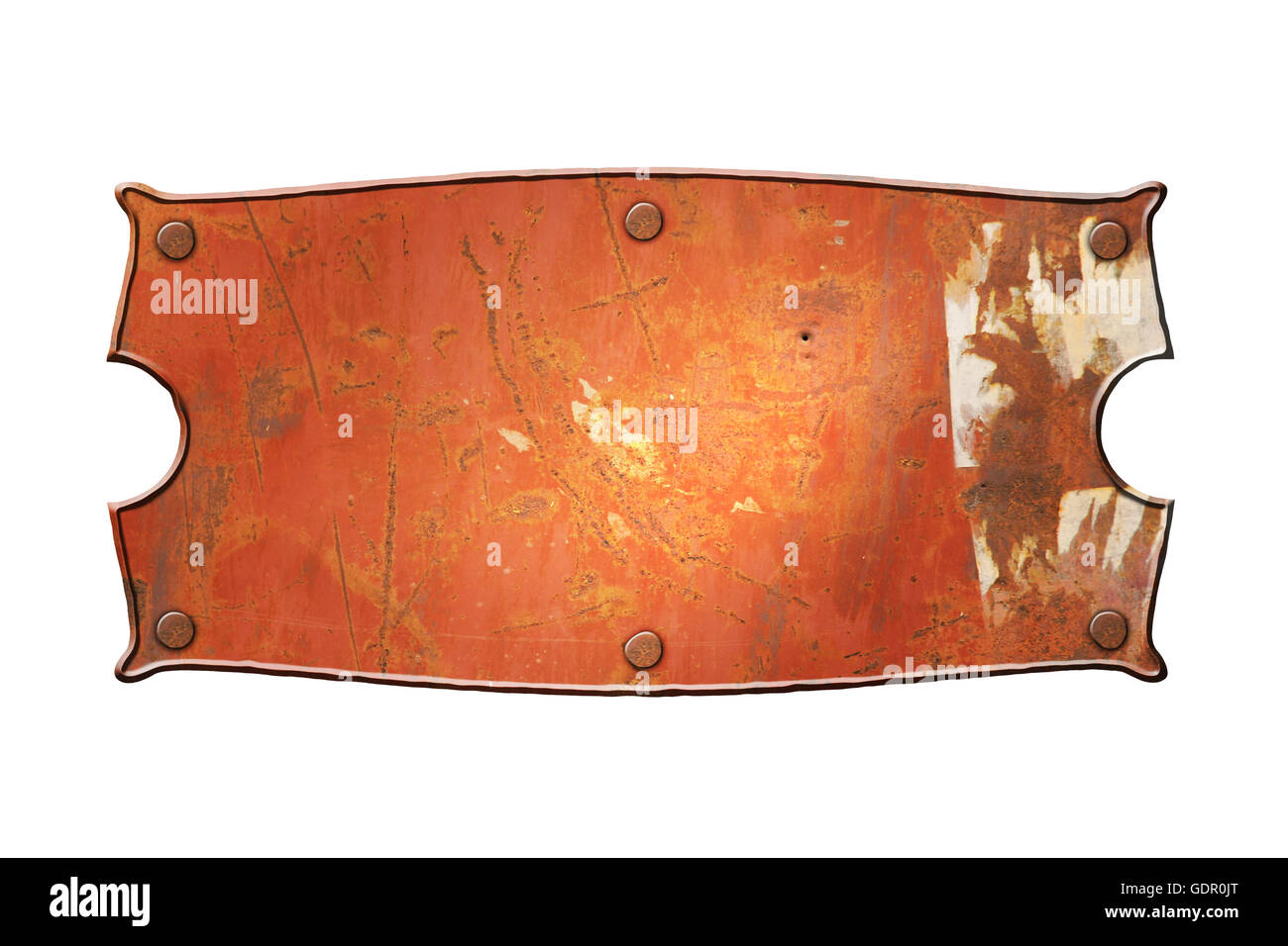 old rusty metal sign board on isolated white background. Stock Photo