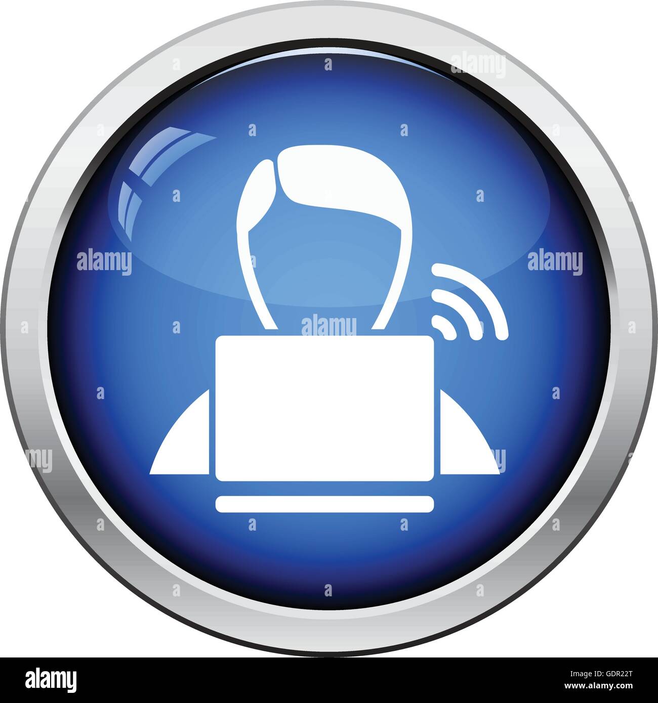 Businessman sitting behind a laptop icon. Glossy button design. Vector ...