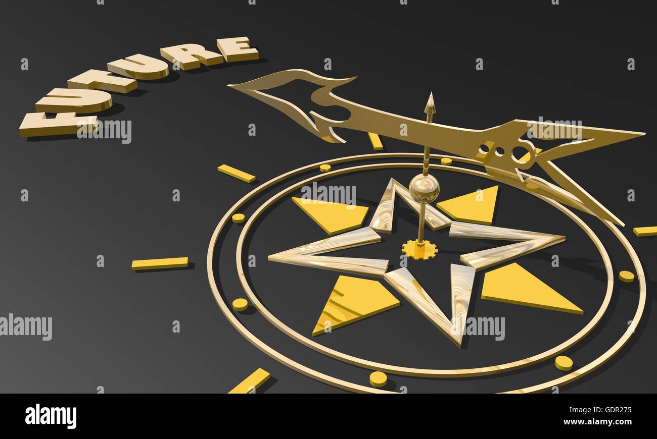 Golden arrow of a compass pointing to the word future Stock Photo - Alamy