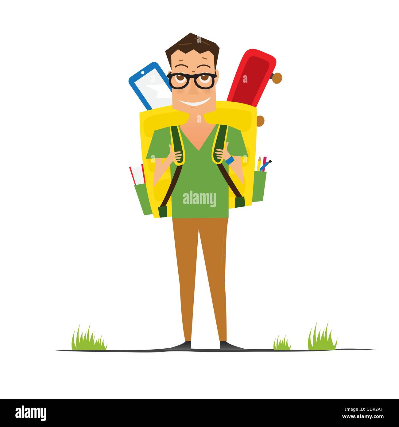 Smiling Young School Boy with Yellow Backpack. Vector Illustration. Man isolated on white background. Back to School Concept. Stock Vector