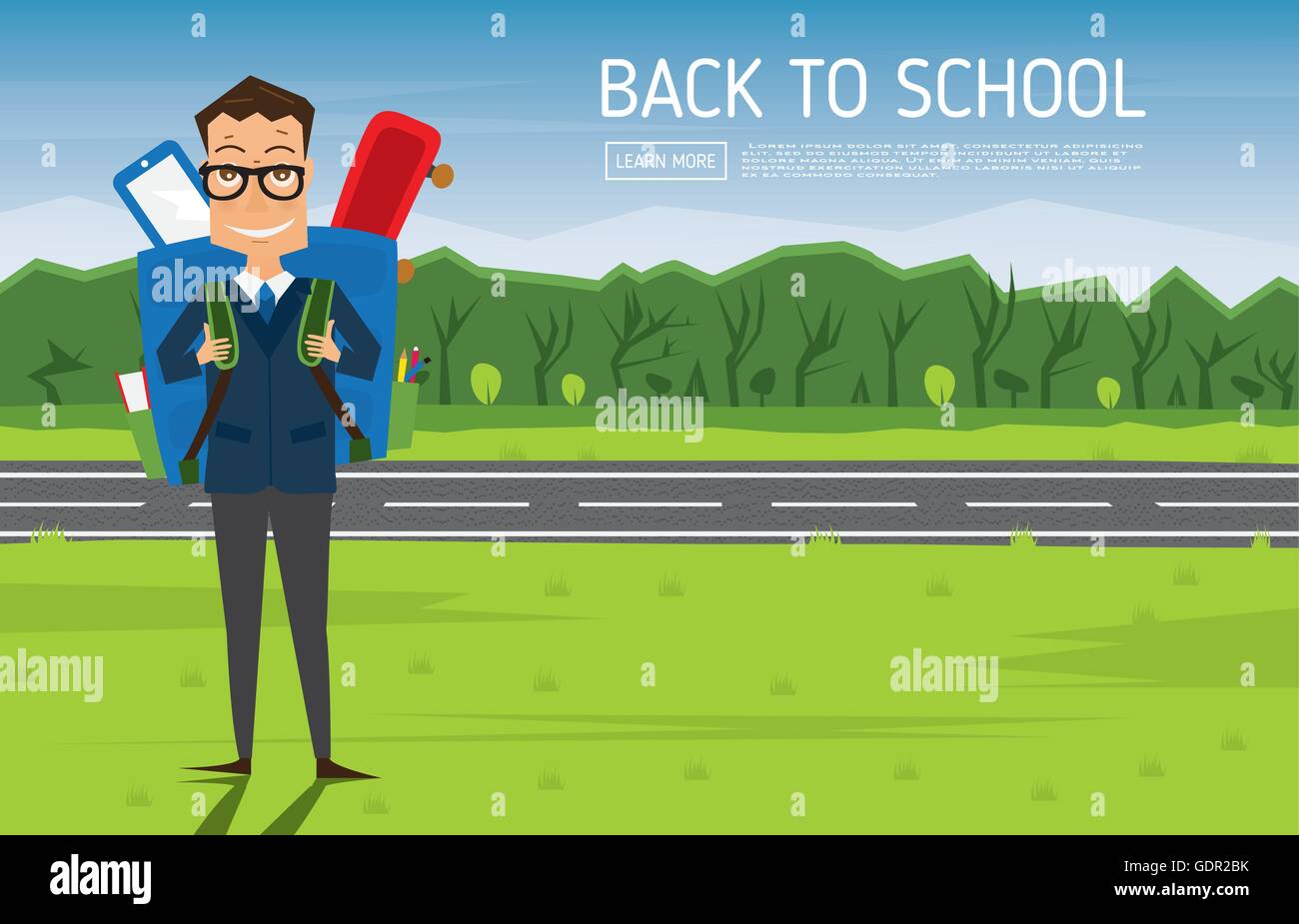 Smiling Young School Boy in Uniform with Blue Backpack. Vector Illustration. Man on green grass near road and tree. Stock Vector