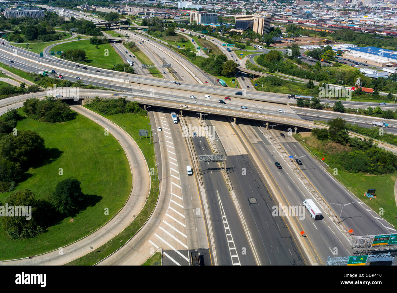 Newark, New Jersey, USA, Aerial View from Airplane, Cloverleaf Highway Exchange, Suburbs Stock Photo