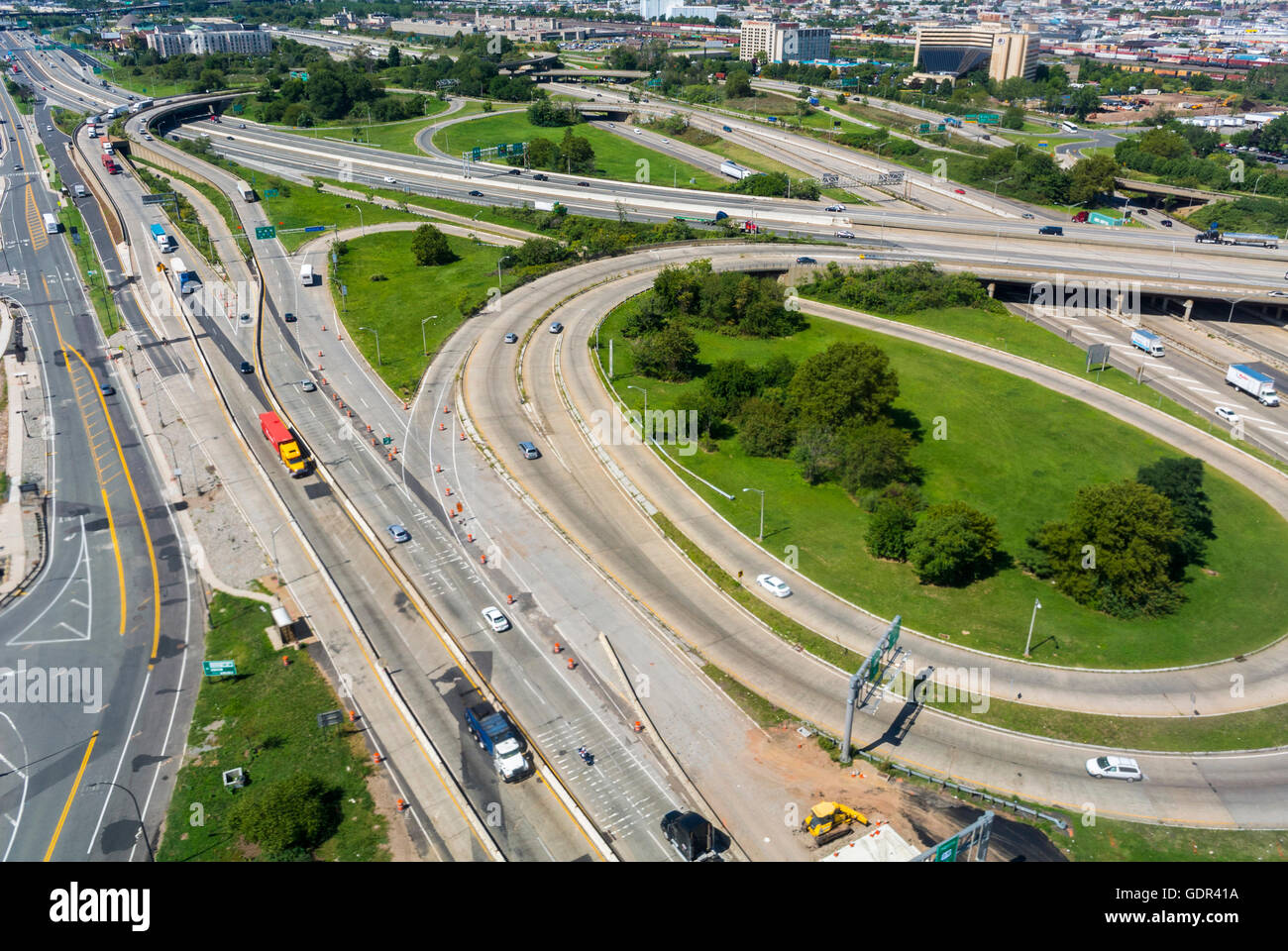 Newark, New Jersey, USA, Aerial View from Airplane, Cloverleaf Highway Exchange Stock Photo