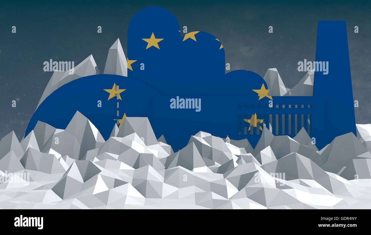 factory icon on low poly landscape Stock Photo - Alamy
