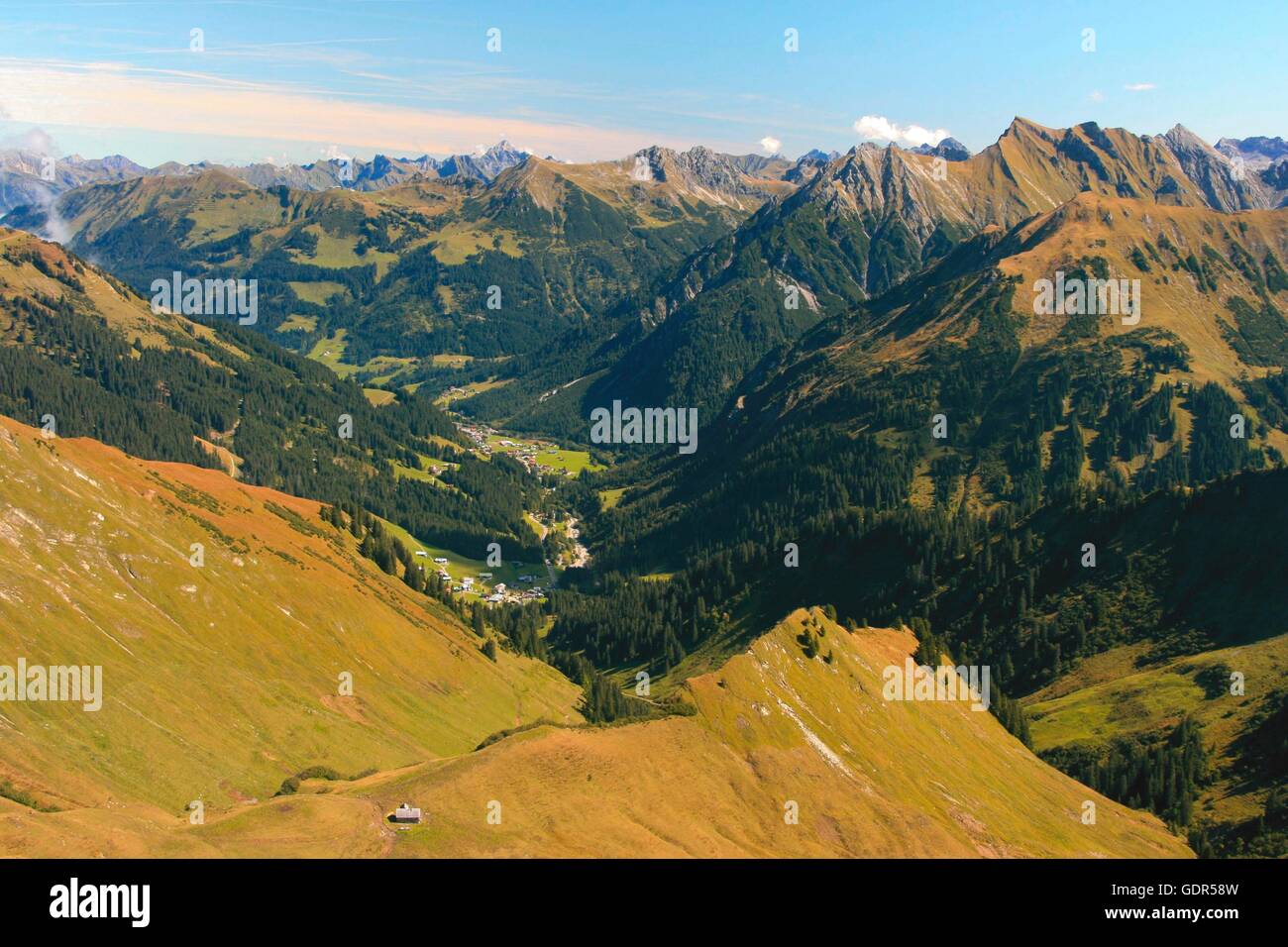 geography / travel, Austria, Vorarlberg, landscapes, Alps, Kleinwalsertal, view from Guentlespitze (mount), Baad, Additional-Rights-Clearance-Info-Not-Available Stock Photo