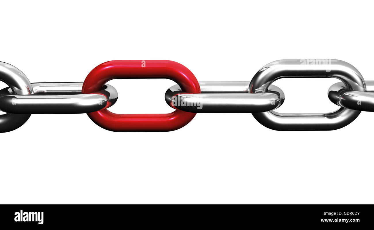 Steel chain with a red link, business collaboration and teamwork concept closeup 3D illustration isolated on white background. Stock Photo