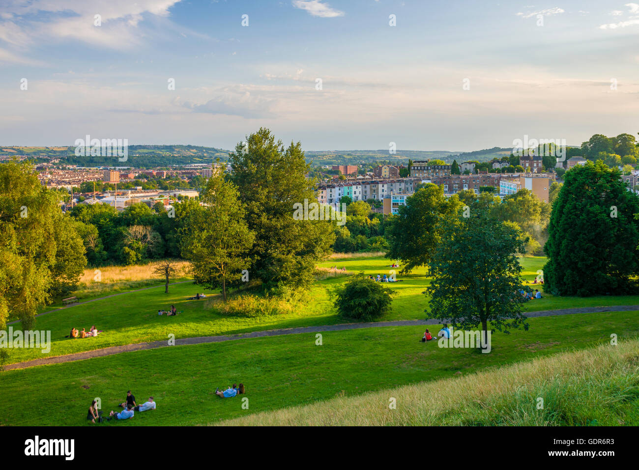 Brandon Hill parkland on a summer's evening in the city of Bristol, England. Stock Photo