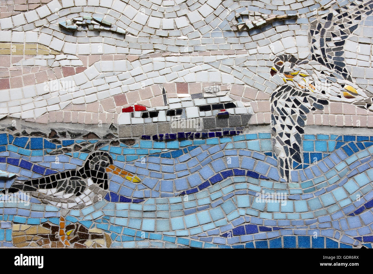 Mosaic Showing Irish Sea Ferry And Wildlife Of Anglesey Stock Photo