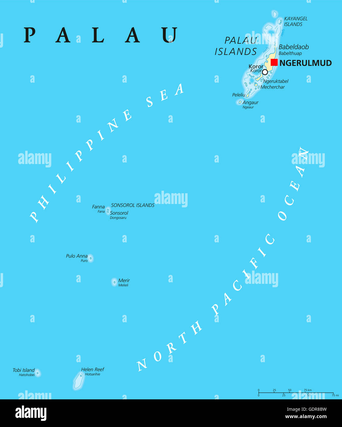 Palau political map with capital Ngerulmud. Republic and island country in North Pacific Ocean. Stock Photo