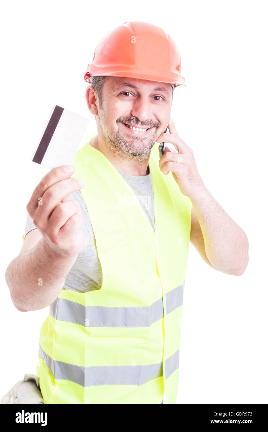 Handsome Constructor Talking On Phone And Holding Credit Card As Construction Services Payment Concept Isolated On White Stock Photo Alamy