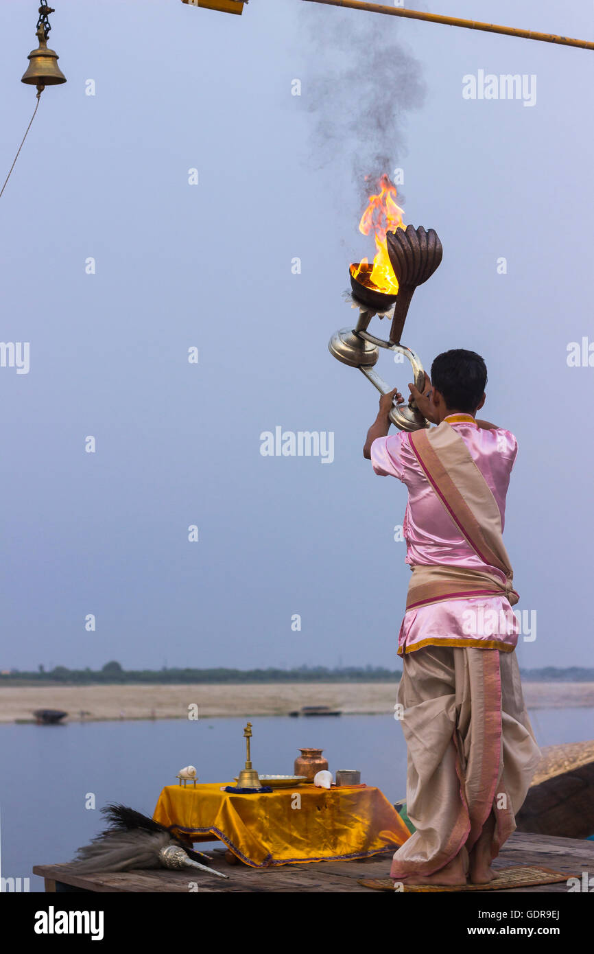 Varanasi, Uttar Pradesh State, India - July 04, 2014: Hindu priest ...
