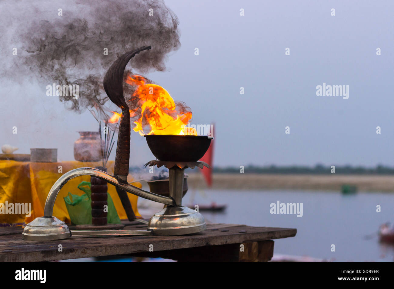 Preparation of Ganga Aarti on the ghats of varanasi, India Stock Photo