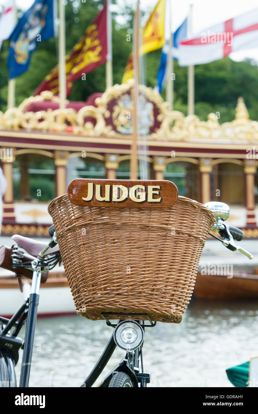 Judges bicycle with wicker basket at the Thames Traditional Boat Festival, Fawley Meadows, Henley On Thames, Oxfordshire, England Stock Photo