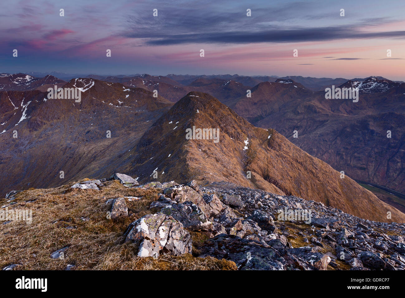 Sgurr na Carnach with the South Shiel ridge beyond at twilight, five Sisters of Kintail Stock Photo
