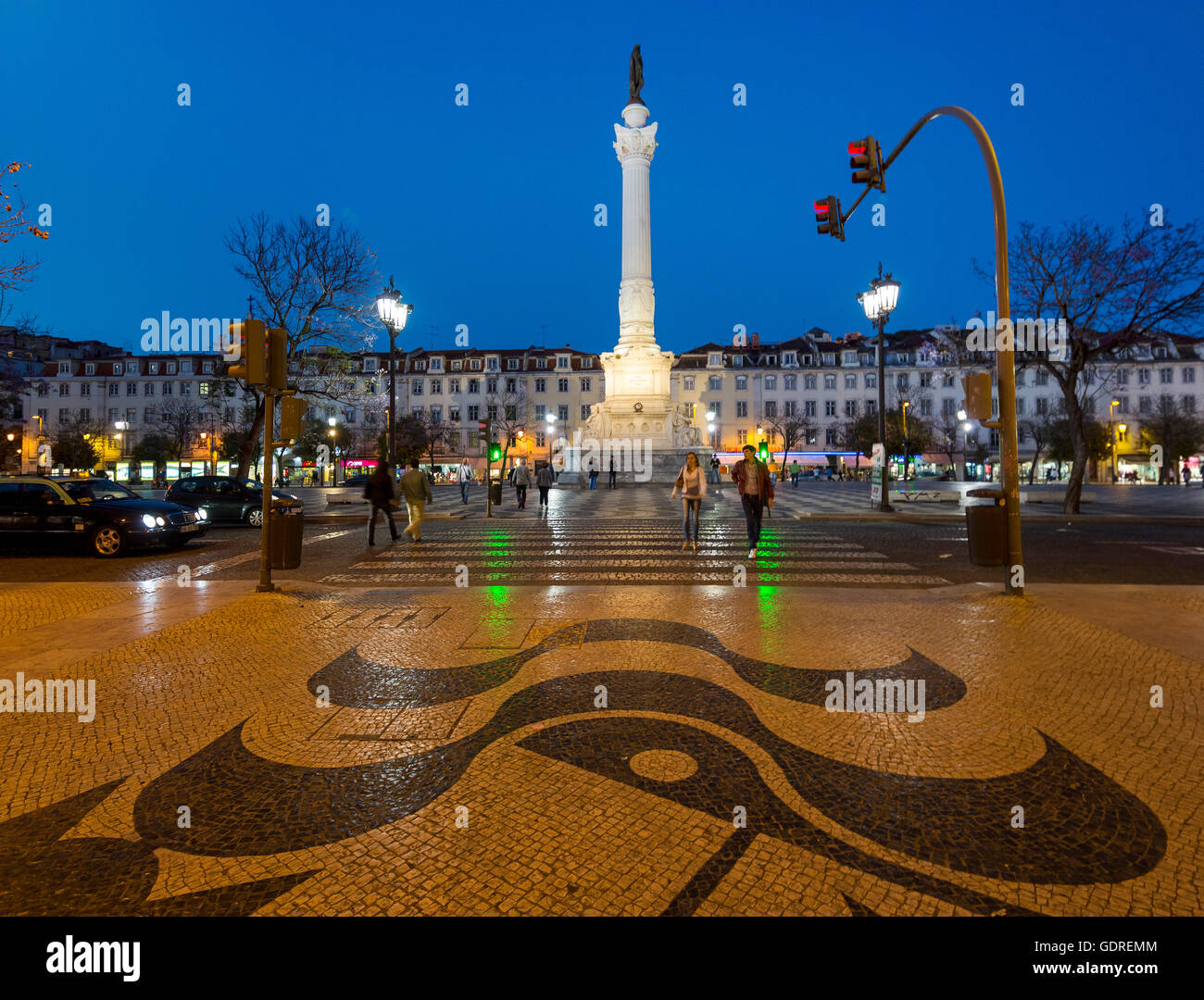 Monument, Rossio Square, paving stones in waveform, wave pattern, night scene, blue hour, Lisbon, District of Lisbon, Portugal, Stock Photo