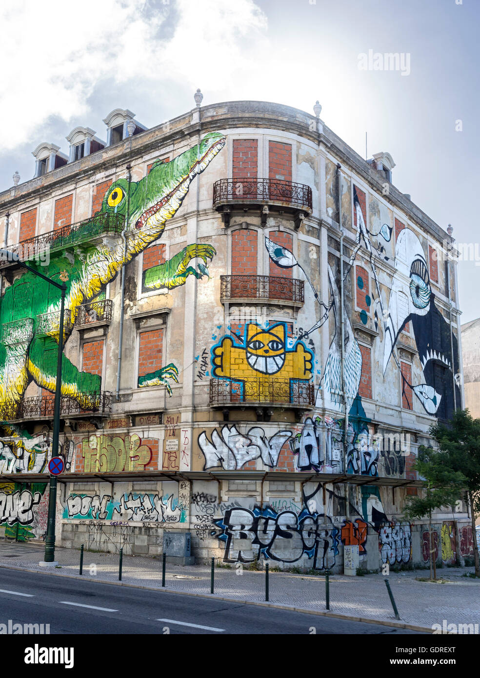 painted façade with a crocodile a house in Lisbon, Lisbon, Lisbon, Portugal, Europe, Travel, Travel Photography Stock Photo