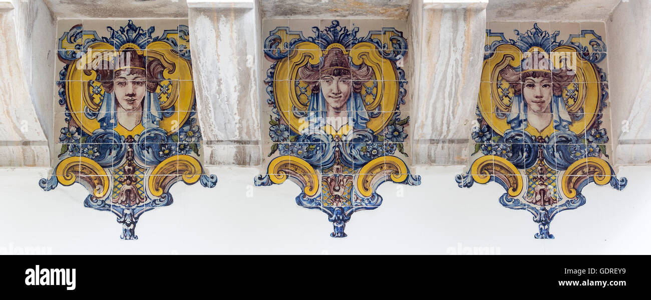 painted tiles with female heads in Art Nouveau style Azulejos, Lisbon, Lisbon, Portugal, Europe, Sintra, Lisbon, Lisbon,Portugal Stock Photo